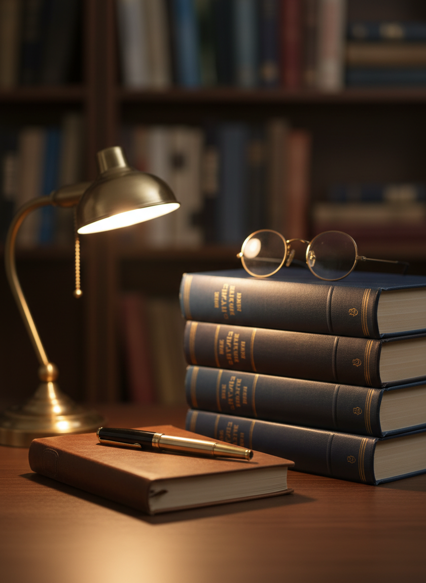 A writer's desk with a fountain pen, a stack of hardcover books, reading glasses, and a small brass lamp in warm light