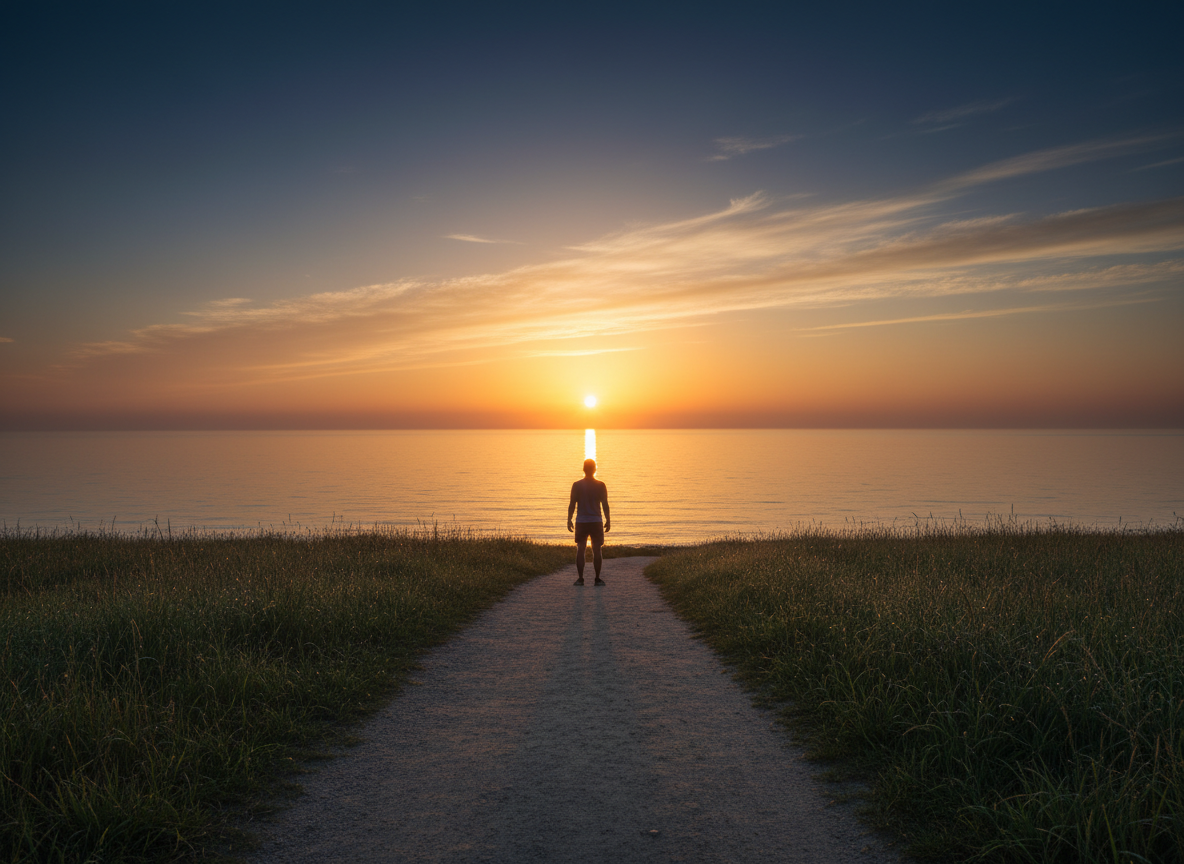 A serene, hopeful sunrise breaking over a calm horizon with a lone person's silhouette standing on an open path facing the light, soft warm golden amber and deep navy blue tones, uplifting professional editorial photography, sense of new beginnings and quiet strength, no text