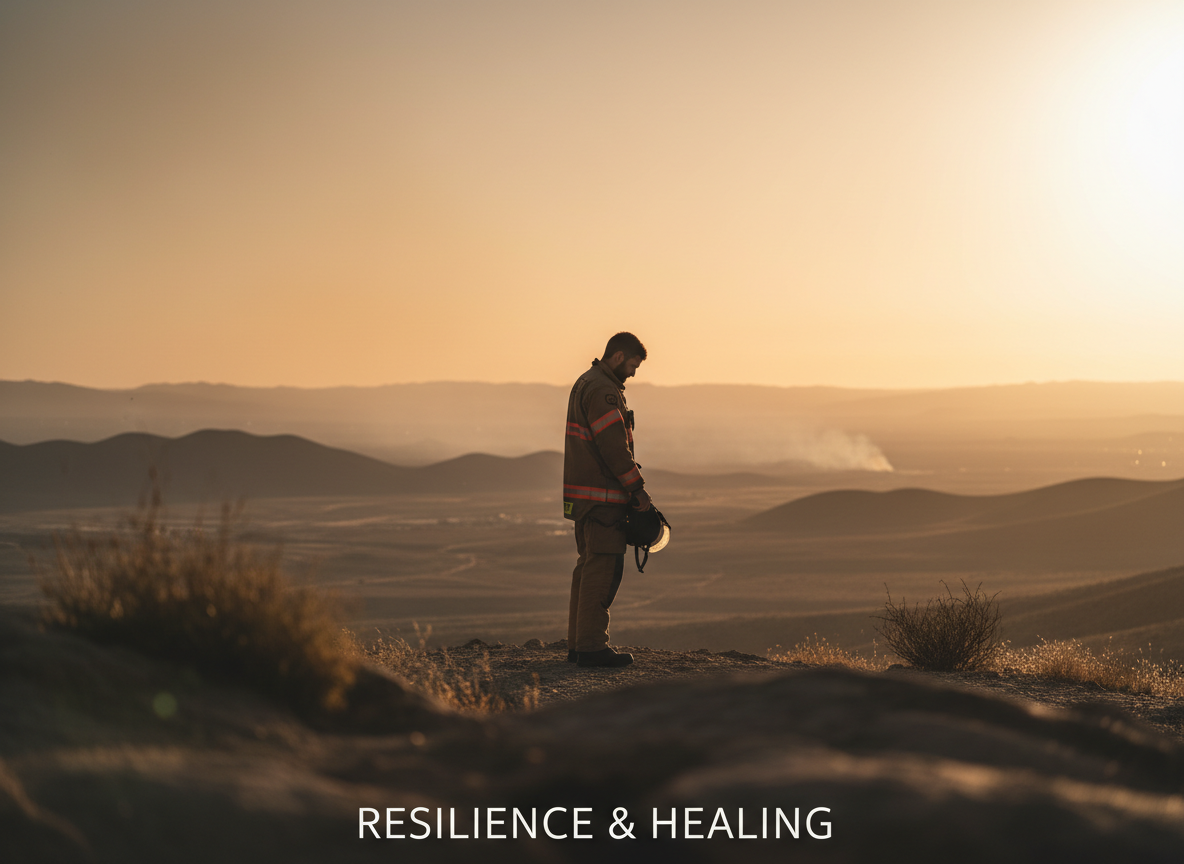 A cinematic, respectful editorial photograph evoking first responder resilience and emotional healing. A firefighter or paramedic silhouette at dusk, calm and reflective, warm muted earth tones with soft golden light, sense of quiet strength after a difficult day. Professional, dignified, not dramatic. Muted terracotta and warm neutral palette, soft depth of field.