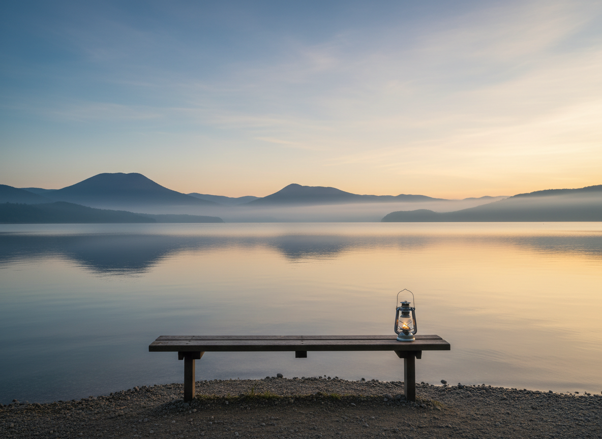 A professional, emotionally gentle feature image for a book series about grief after suicide loss: a peaceful dawn over a still lake, soft blue and warm gold light, distant mountains, subtle mist, and a simple empty bench with a small lantern. No text, no people, no book covers, tasteful editorial publishing style, calming and hopeful, wide landscape composition.