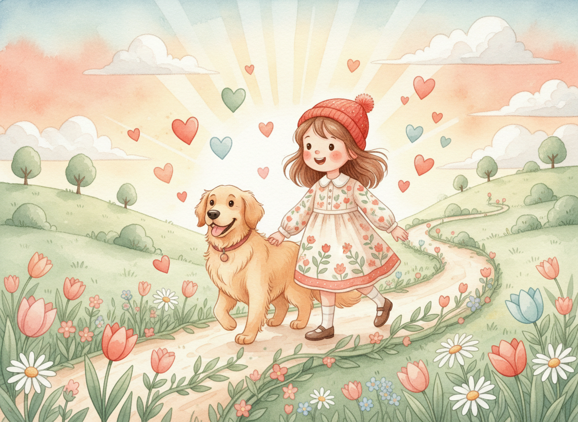 A warm, joyful children's storybook illustration for Valentine's Day. A cheerful young girl and her friendly loyal dog companion walking together on a whimsical path, surrounded by floating colorful hearts, gentle spring flowers, soft rolling hills, and a golden sunrise sky. Storybook watercolor style, tender and inviting, celebrating friendship, kindness, and gentle wonder. Soft pastel palette with warm coral, cream, sage green, and gentle blue tones. No text, no logos, no copyrighted characters, original characters only.