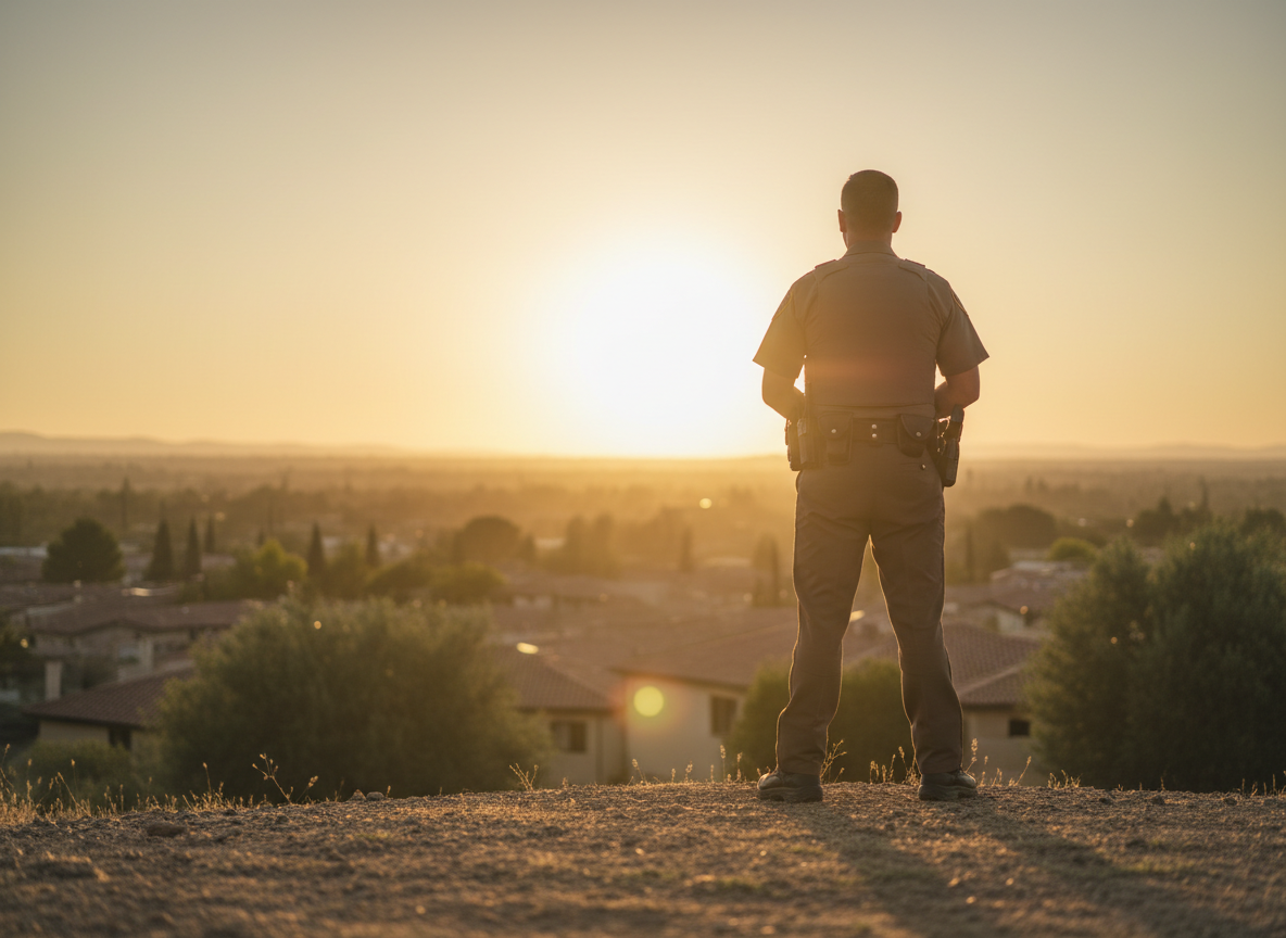 A calm, warm, cinematic photograph of a police officer standing quietly at sunrise, viewed from behind or in soft focus, taking a peaceful reflective moment. Golden warm light, muted earthy tones of tan, sage green, and terracotta. Serene, hopeful, supportive mood. Soft natural light, shallow depth of field, no text.