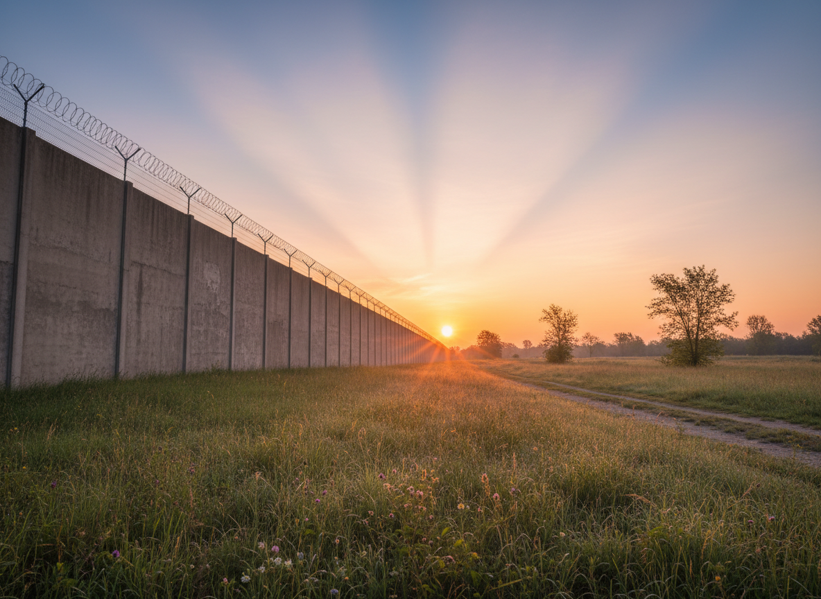 A calm, dignified editorial landscape for a mental wellness resource page supporting correctional officers and prison staff: a quiet sunrise beyond a secure institutional wall, soft warm light, subtle path leading toward open sky, hopeful and compassionate mood, realistic photographic style, no people, no words, no text, no logos, no watermark.