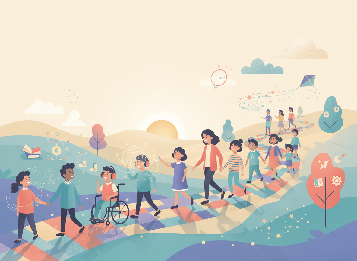 A warm, uplifting editorial feature image for a neurodivergent support resource page. Show a diverse group of children and adults walking together along a bright, colorful winding path through a welcoming landscape, with subtle visual symbols of different ways of thinking, feeling, learning, creativity, focus, and connection. Calm modern illustration, inclusive and strengths-based, hopeful but not childish, soft blue, teal, purple, coral, and golden accents. No text, no logos, no book covers, no app icons, no medical imagery, wide composition with clear open space for page text.