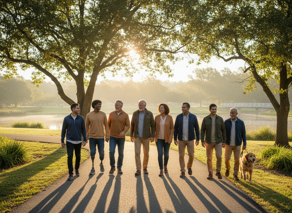 A respectful, warm, wide feature image for a WordPress page about veterans' mental wellness and resilience. Show diverse veterans from different generations standing or walking together in a calm outdoor setting at sunrise, conveying strength, connection, hope, and support. Inclusive and dignified, realistic editorial photography style, soft natural light, muted navy, gold, and warm earth tones. No flags, military insignia, text, logos, or readable symbols.