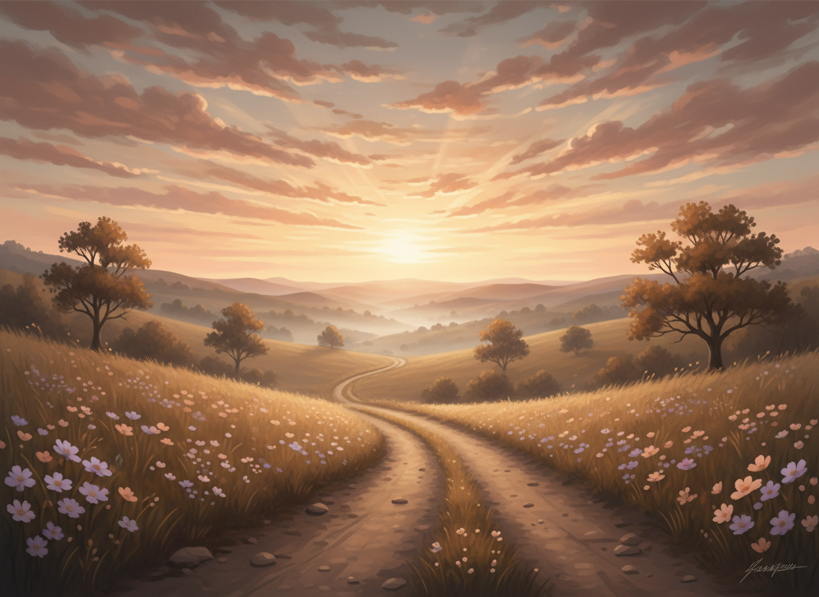 A compassionate, hopeful landscape feature image for the book page “After the Shock,” about healing after suicide loss. Show a quiet dawn landscape with soft warm light, a gentle path leading toward the horizon, subtle clouds opening to light, and an atmosphere of comfort, remembrance, and hope. Use a tasteful, serene editorial style with soft earth tones, lavender, peach, and warm gold. No text, no logos, no book cover, no app icon, and no graphic or distressing imagery.