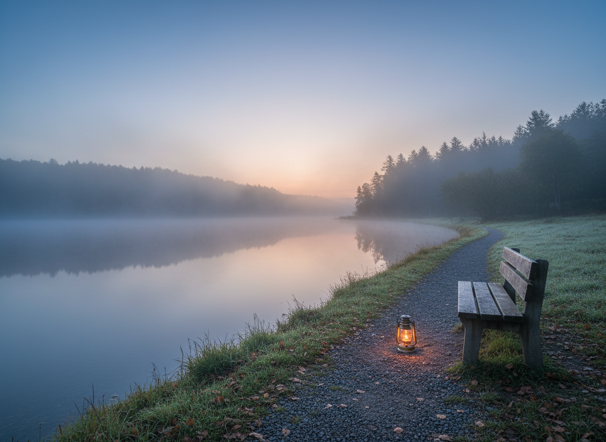 Create a landscape feature image for the WordPress page “Book 2 After the Silence.” Show a quiet lakeside at dawn with a simple bench, a small warm lantern, soft blue and peach light, mist over the water, and a gentle path or shoreline leading toward the sunrise. The mood should be compassionate, calm, hopeful, and respectful for people grieving after suicide loss. No people, no text, no logos, no book cover, and no app icon. Use a polished editorial style suitable for a book resource page.