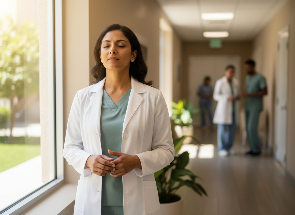 A calm, professional editorial photograph for a healthcare resource page about mental health for physician assistants and nurse practitioners: a diverse physician assistant or nurse practitioner in a bright clinic hallway, pausing for a quiet breath near a window, conveying resilience, compassion, and emotional support. Warm natural light, muted sand, sage green, and soft neutral tones, serene human atmosphere, shallow depth of field, no text, no logos.