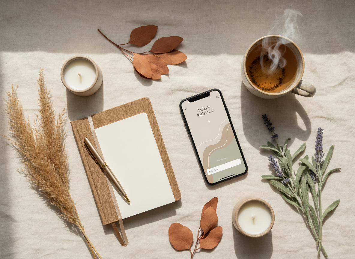 A calming overhead flat-lay of self-care and reflection tools in warm neutral tones: a journal with a pen, a smartphone showing a soft minimal wellness app screen, a cup of herbal tea, dried botanicals, and a small candle, arranged on a warm cream linen surface with soft natural light. Warm beige, terracotta, sage palette, gentle and supportive mood, editorial photography.