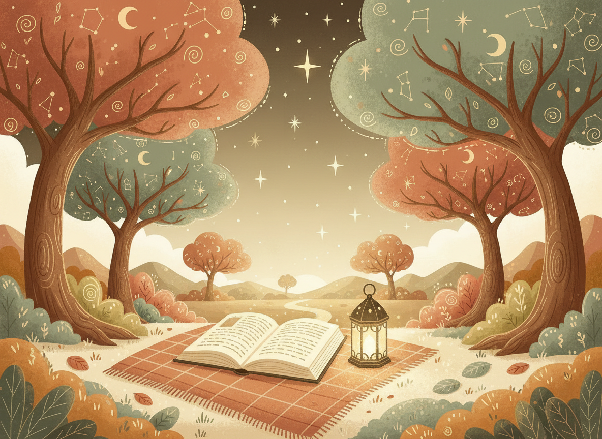 A warm, imaginative children's fiction feature image for a bookstore page: a cozy storybook scene with softly glowing lantern light, an open book, whimsical trees, gentle stars, and a welcoming sense of adventure. Use a polished illustrated style, soft sage, terracotta, cream, and golden tones, with no words or lettering in the image.