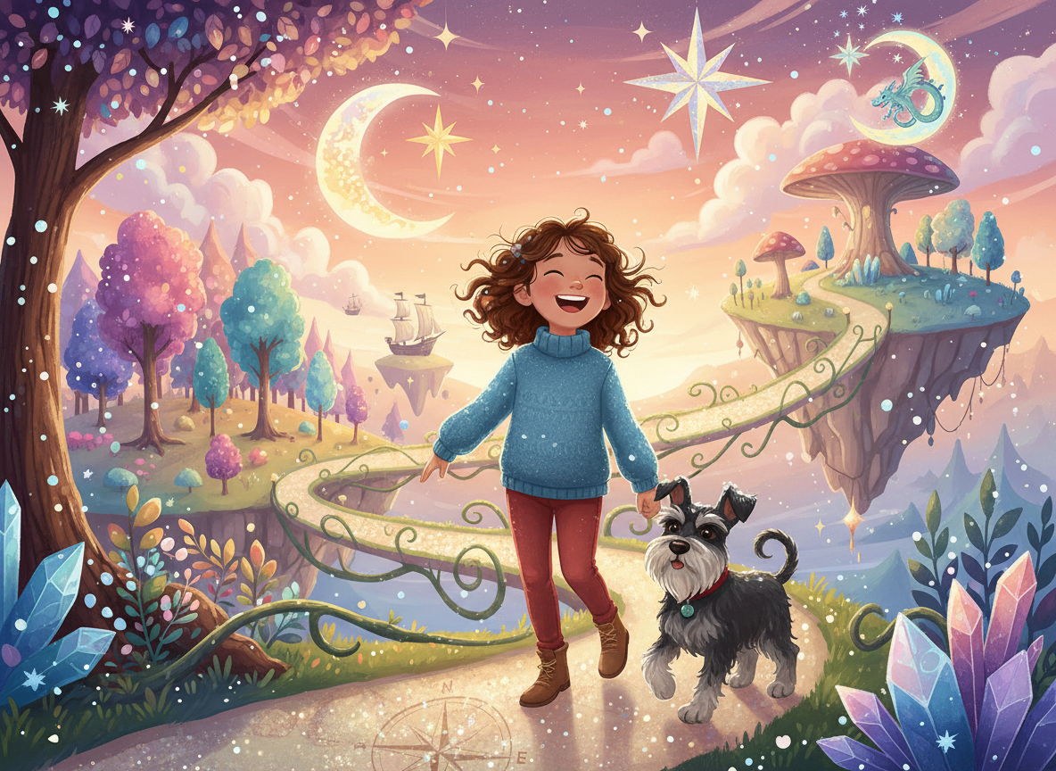 A warm, colorful children's book collection feature image for a page titled “Layla and Macho Books.” Show a joyful young girl and a friendly black-and-silver schnauzer exploring a whimsical storybook landscape with stars, floating islands, enchanted forests, gentle snow, and hints of adventure. Include no readable text, logos, or book-cover mockups. Soft illustrated style, inviting and imaginative, suitable as a website feature image.