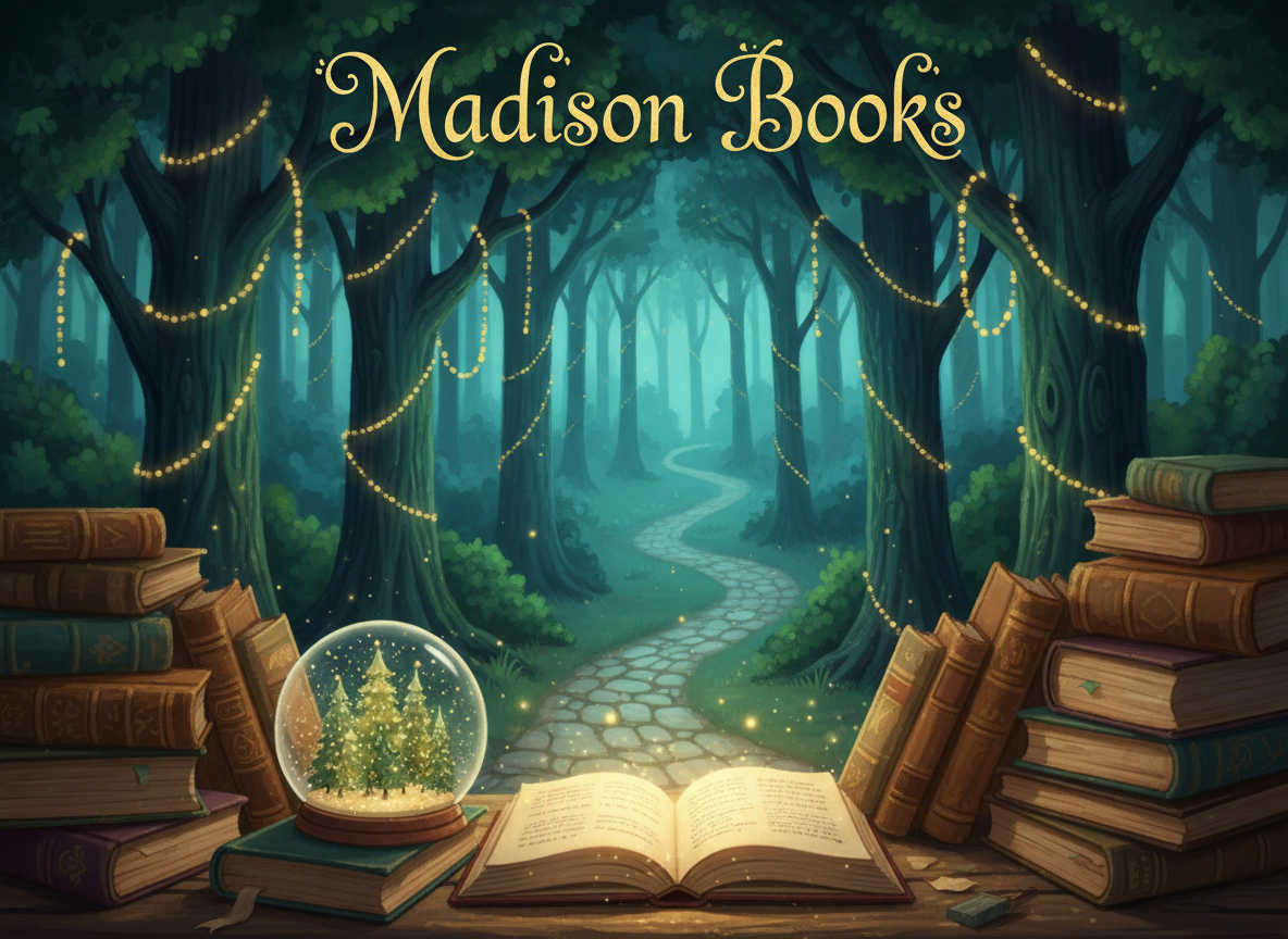 A warm, magical children's book collection scene for a page titled “Madison Books.” Show an enchanted forest at twilight with soft glowing lights, a winding path, hints of a storybook and a snow globe, rich emerald and midnight-blue tones with gentle golden highlights. No readable text, no logos, no people.
