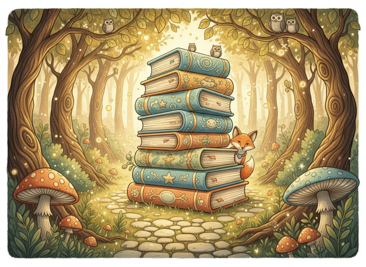 A warm, whimsical storybook illustration for a children's fiction book collection page featuring a cozy stack of colorful children's books, an enchanted woodland path, soft golden light, playful but elegant atmosphere, no readable text, landscape composition suitable as a WordPress feature image.