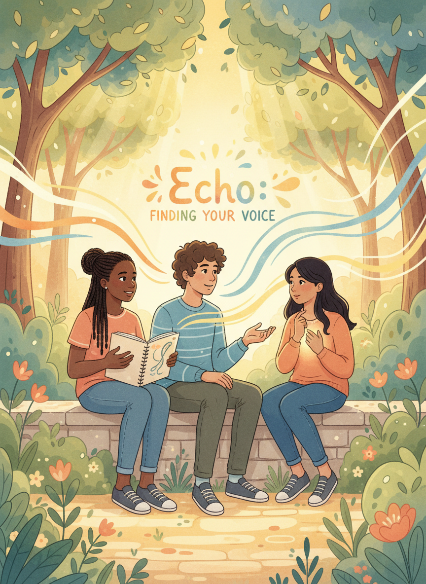 A fresh, original editorial feature image for the book “Echo: Finding Your Voice: Tools for Big Feelings, Hard Days, and Finding Support.” Show a diverse group of three teenagers in a calm outdoor setting at golden hour, connected through conversation and supportive presence, with subtle visual symbols of voice and emotional support such as soft sound waves, warm light, and open journals. Hopeful, compassionate, modern illustrated book-promotion style. Do not reproduce the existing book cover, do not include readable text, logos, or branding. Designed as a portrait-oriented feature image for a WordPress page.