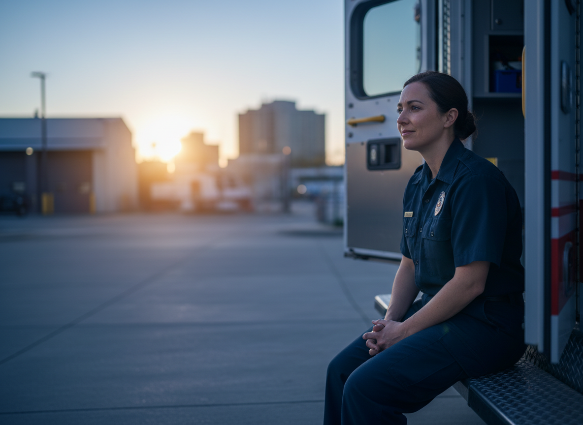 A compassionate editorial feature image for an EMS stress mental health resource page: an EMT or paramedic sitting quietly at dawn beside an ambulance, soft blue and warm amber light, reflective and hopeful mood, subtle city or station background, cinematic but realistic, no visible logos, no text, respectful and trauma-informed, ample negative space for a web hero.