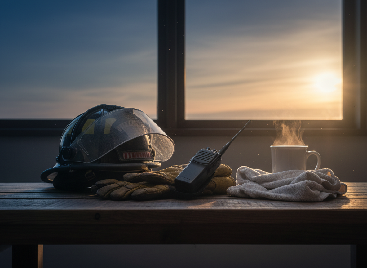 A calm, respectful editorial photograph for a first responders mental wellness resource page: an emergency responder's helmet and radio resting on a wooden table at dawn, soft blue and warm amber light, quiet reflective mood, subtle signs of rest and recovery, no people in distress, no readable text, no logos, natural realistic photography.