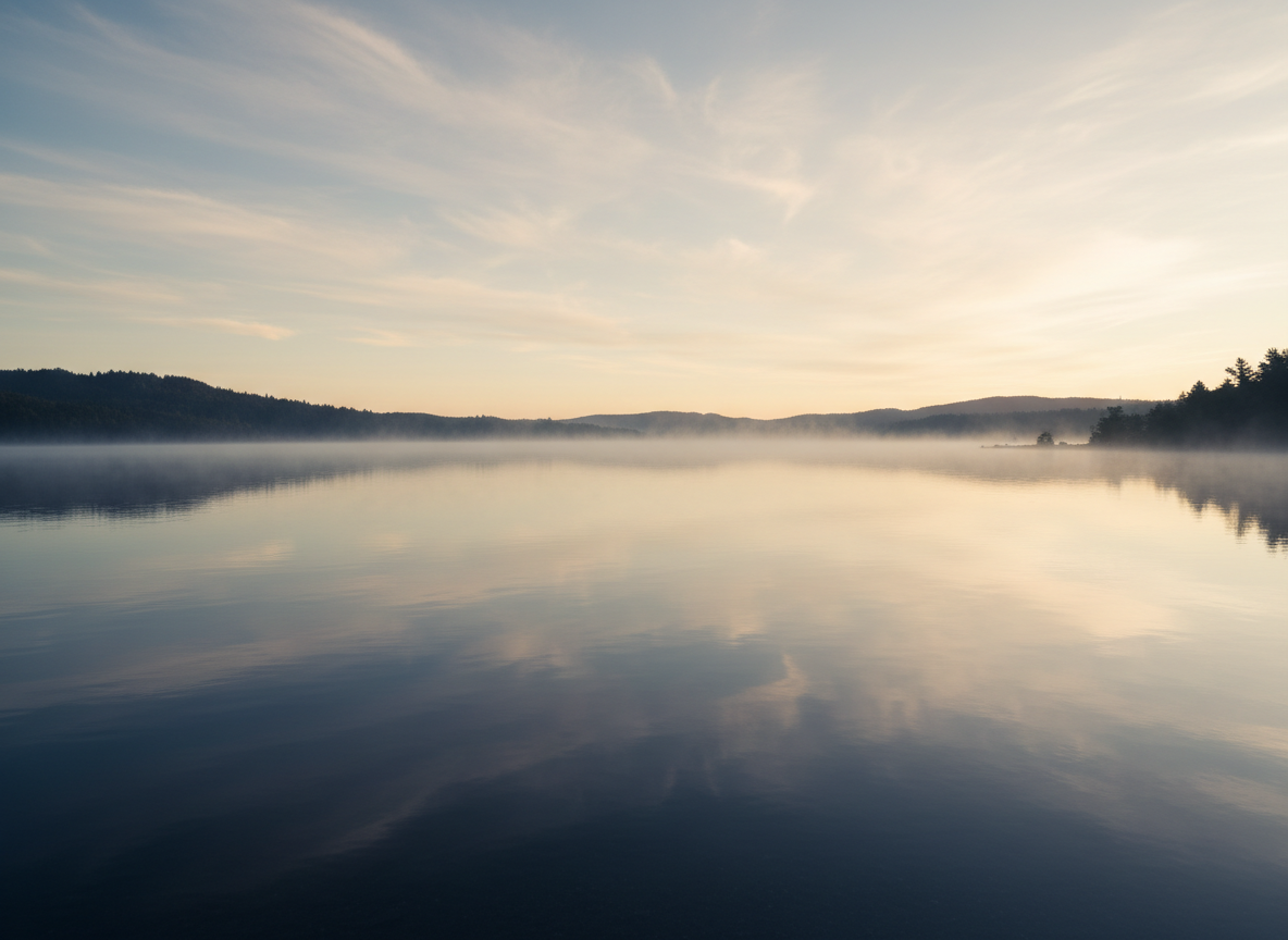 A quiet, hopeful dawn landscape for a grief and suicide-loss support resource page: soft morning light over a still shoreline with gentle mist, muted sage, warm cream, and deep navy tones, contemplative and compassionate, no people, no readable text, no logos, no graphic or distressing imagery.