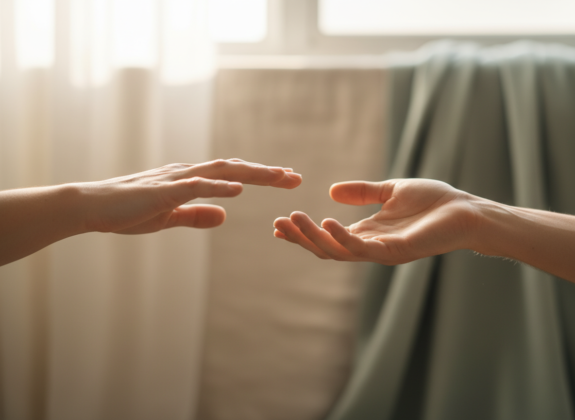 Two hands gently reaching toward each other in soft natural light, warm supportive human connection, muted cream and sage tones, tender reassuring mood, trauma-informed wellness photography, no text