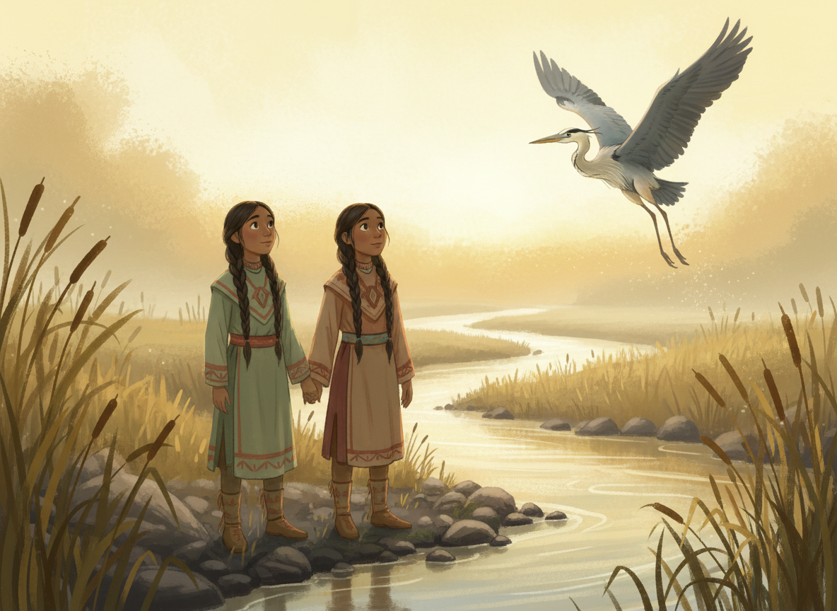A serene, warm illustration of two Indigenous sisters standing together at the edge of a misty river at golden hour, a great blue heron taking flight above them, tall reeds and soft sunlight. Painterly children's book style, earthy tones of sage green, warm clay, and cream. Peaceful, respectful, hopeful mood.