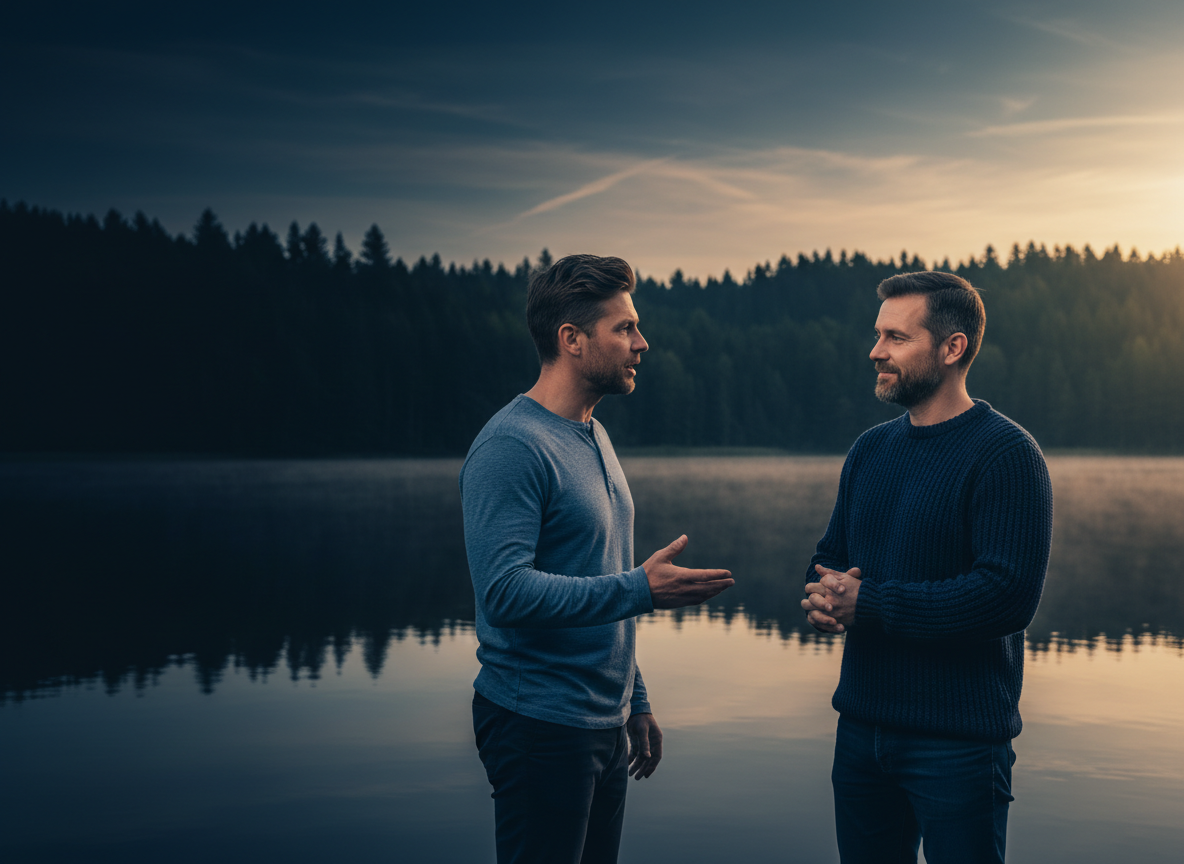 A compassionate, realistic editorial photograph for a mental-wellness page about healthy masculinity and emotional strength: two adult men near a quiet lake at dawn, one speaking honestly while the other listens with steady support, conveying trust, dignity, emotional openness, and hope. Deep navy and warm amber-blue natural palette, generous darker negative space for white text overlay, cinematic but authentic, no text, no letters, no logos, no symbols, no watermark.