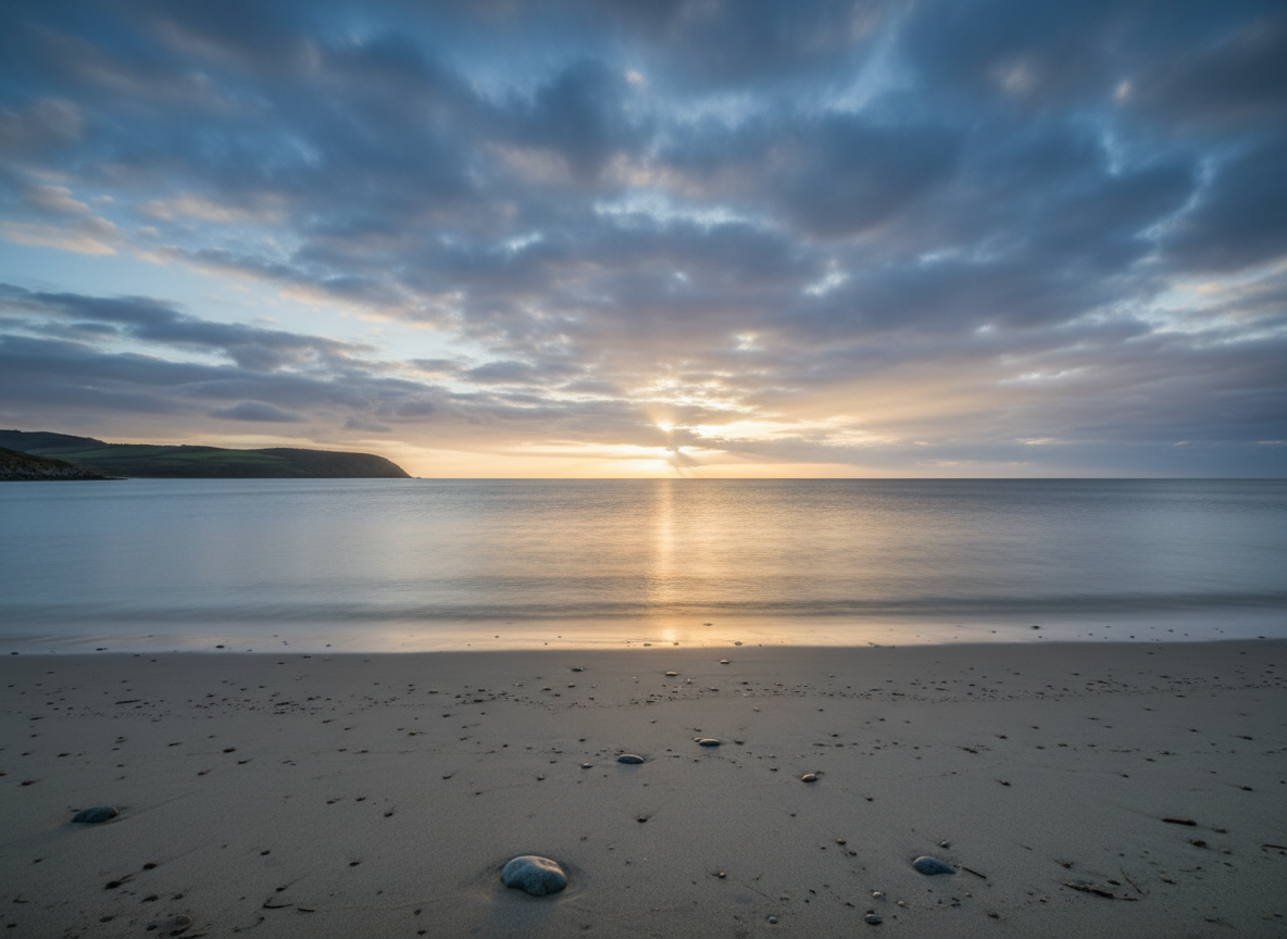 A serene, hopeful cinematic landscape at dawn for a suicide-prevention resource page: soft golden light breaking through blue-gray clouds over a quiet shoreline and calm water, conveying safety, hope, and the possibility of another morning. No people, no text, no logos, no symbols, no watermarks, and no written words.