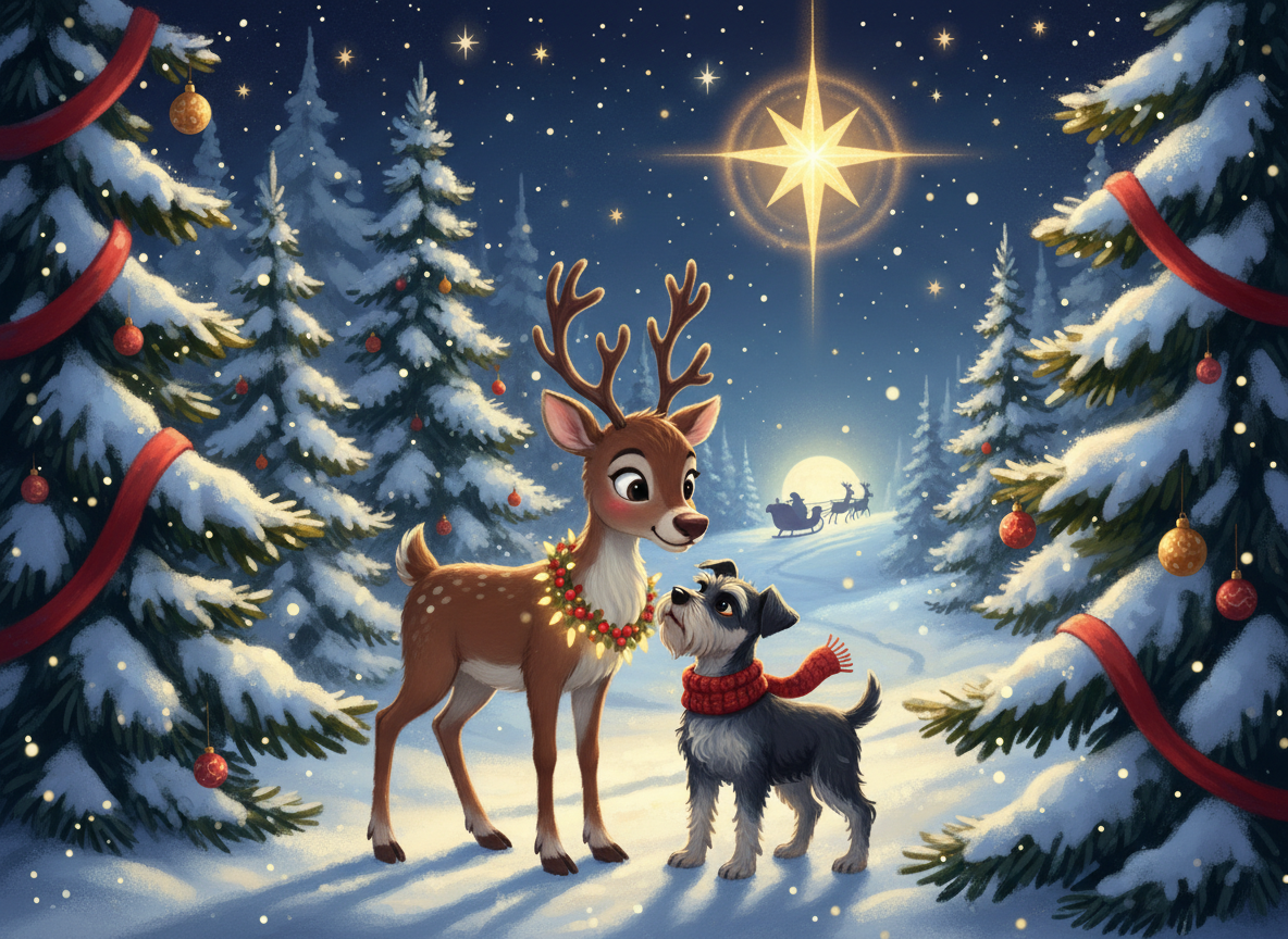 A warm, whimsical Christmas storybook illustration for the feature image of “The Adventures of Layla and Macho: Layla and Macho Save Christmas.” Show a friendly young reindeer named Layla and a loyal small schnauzer-like dog named Macho standing together in a snowy evergreen forest at night, with soft golden starlight, a glowing Christmas star, gentle snow, and a distant Santa sleigh silhouette. Deep midnight blue sky, warm gold light, rich red accents, cozy magical family-friendly mood. No text, no lettering, no book cover design, landscape composition suitable for a WordPress featured image.
