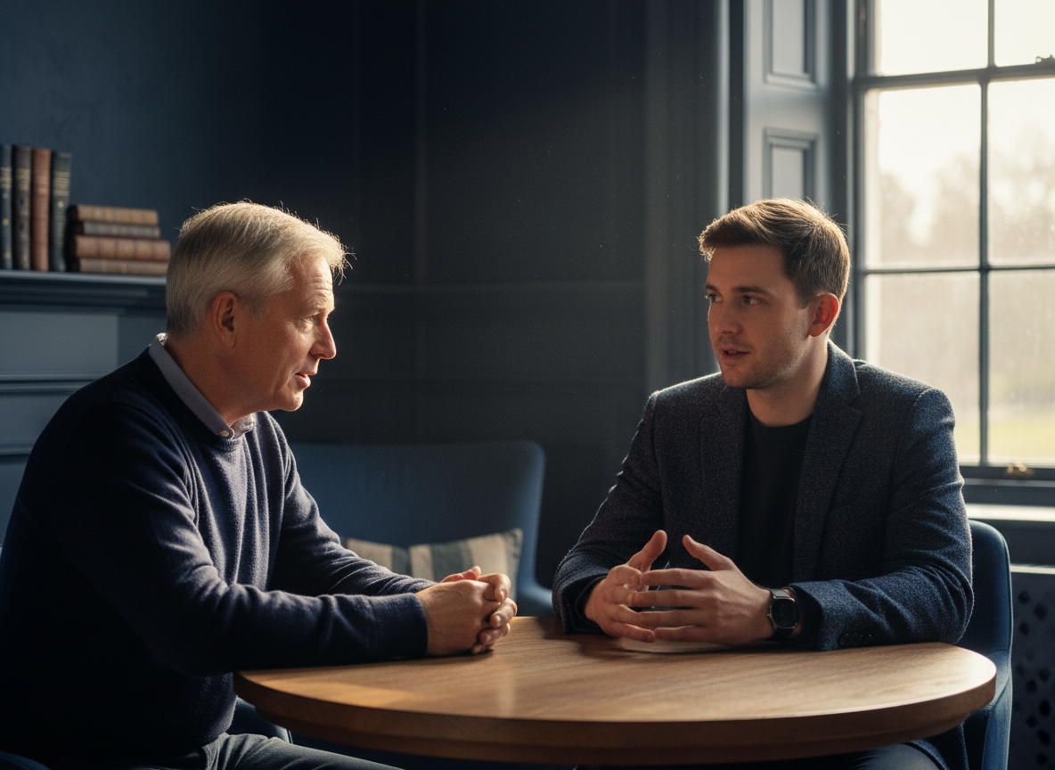 Warm, reassuring photograph of two men in conversation, one listening attentively to the other, sitting across a table in a calm room with soft golden window light and navy tones. Respectful, human, non-clinical, dignified mood, no text.