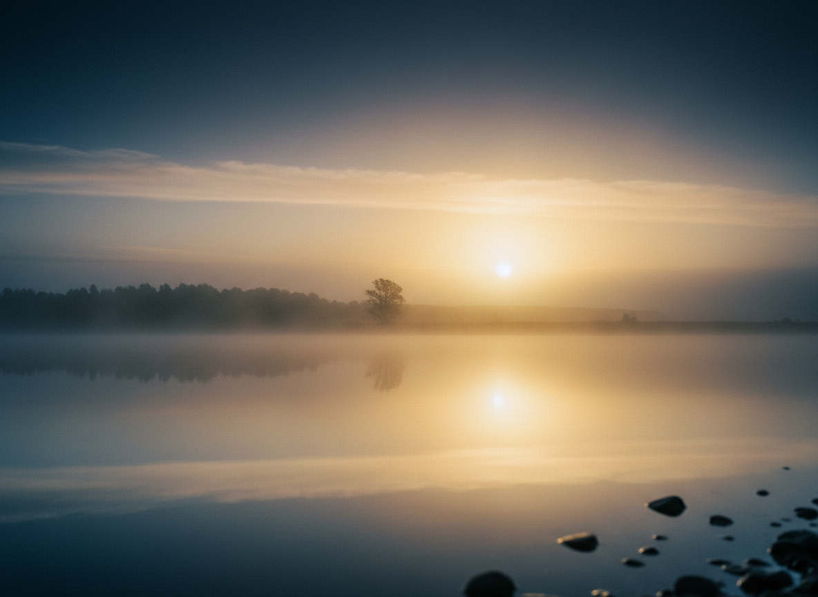 A calm, hopeful photographic scene at dawn: soft golden light breaking over a still, misty horizon under a deep navy sky. Peaceful, serene, minimal, no people. Evokes emerging from darkness into quiet light and resilience. Cinematic, soft focus.