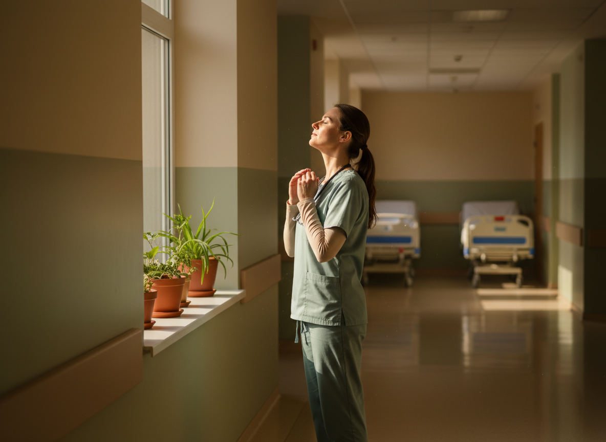A serene, softly lit photograph of a healthcare professional in scrubs pausing quietly by a large window in a calm hospital corridor, taking a mindful breath, warm natural morning light, muted earthy tones of warm beige and soft sage green, shallow depth of field, hopeful and peaceful mood, editorial documentary style