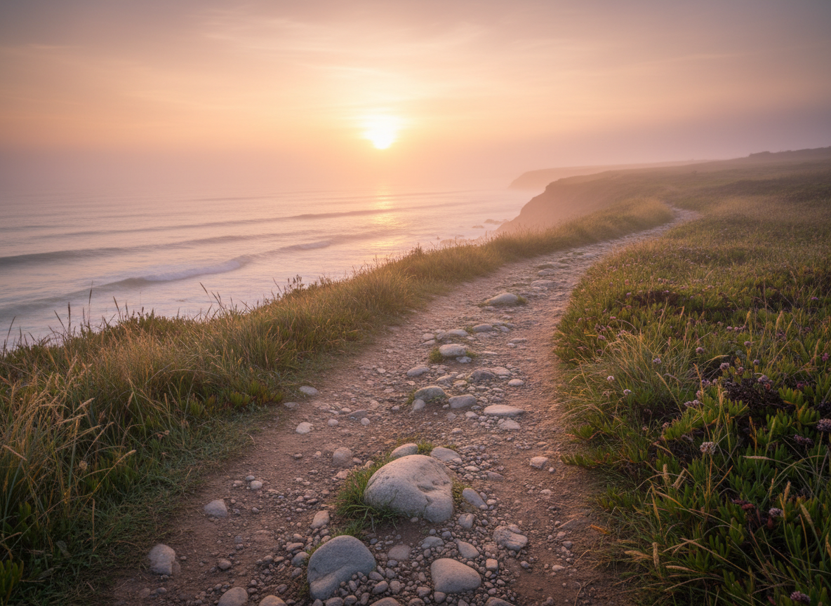 A second, distinct feature image for a compassionate mental-wellness resource page about anxiety, PTSD, addiction, and recovery: a quiet coastal path at dawn with soft mist lifting, warm light on the horizon, subtle grounding details like stones and grasses, hopeful and calm editorial photography style, no text, no logos, no medical imagery.
