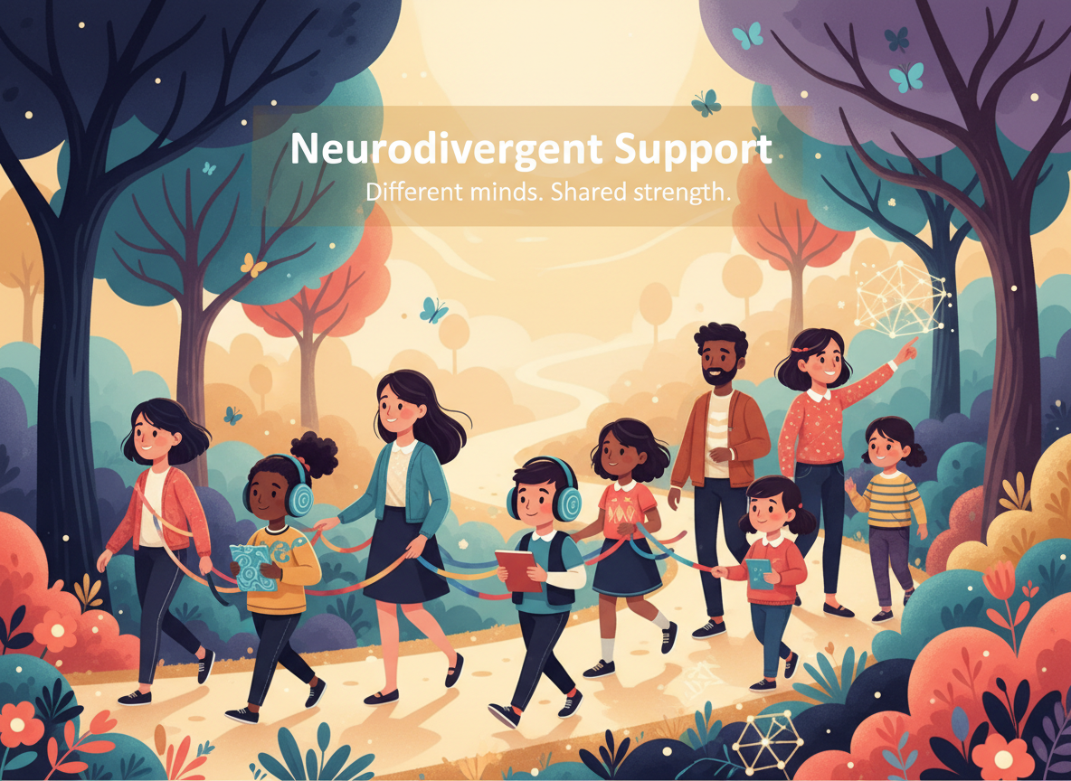 A warm, hopeful, accessible feature image for a WordPress page titled “Neurodivergent Support.” Show a diverse group of children, teens, and adults walking together along a bright, gentle path through a colorful natural landscape. Include subtle visual ideas of different ways of thinking, connection, calm, communication, focus, and self-discovery without medical symbols or deficit-based imagery. Use a welcoming palette of navy, teal, purple, coral, gold, and soft sky blue. Add clean readable title text: “Neurodivergent Support” and a smaller subtitle: “Different minds. Shared strength.” Professional editorial illustration, inclusive, strengths-based, calm but colorful, suitable as a wide website feature image, no logos, no extra text.