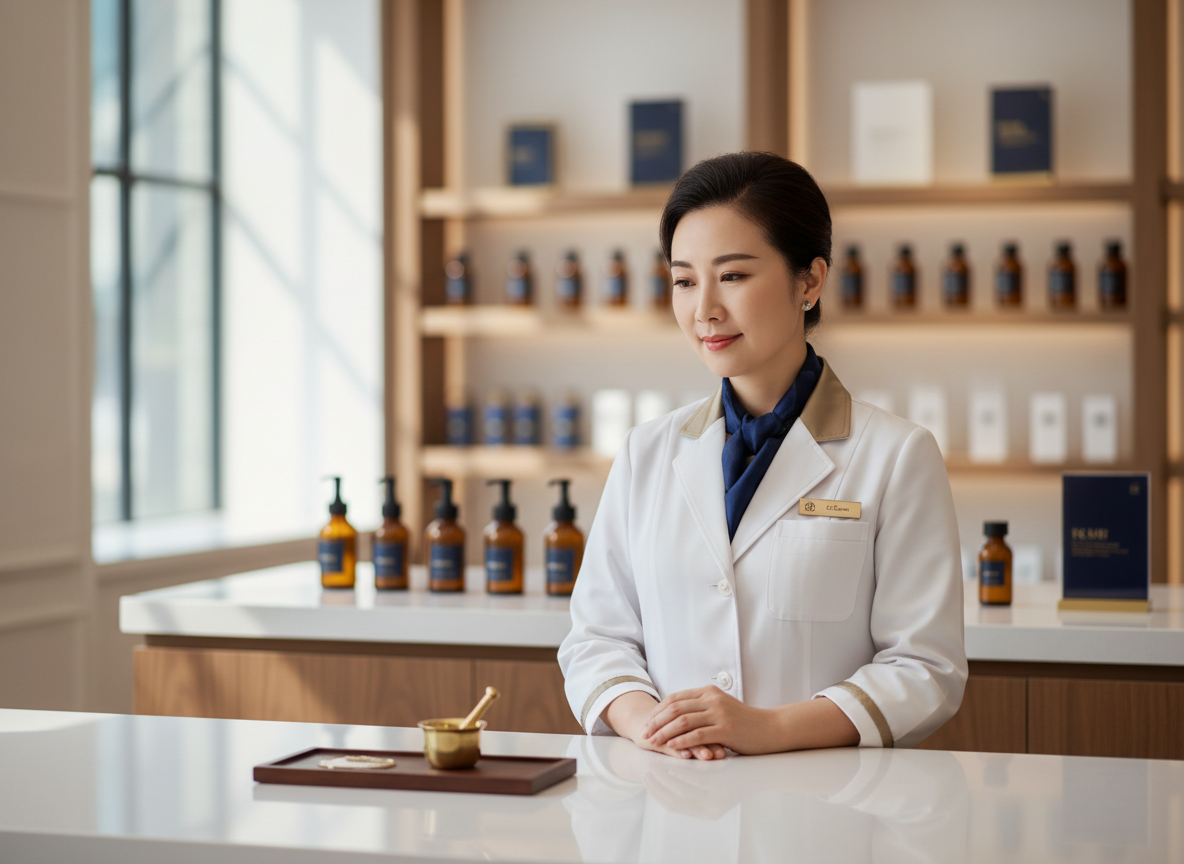 A calm, professional, editorial photograph of a pharmacist in a clean modern pharmacy, soft natural light, moment of quiet reflection and composure behind the counter. Refined, warm, trustworthy mood. Muted navy and gold accent tones, plenty of negative space, shallow depth of field. High-end healthcare wellness magazine aesthetic.
