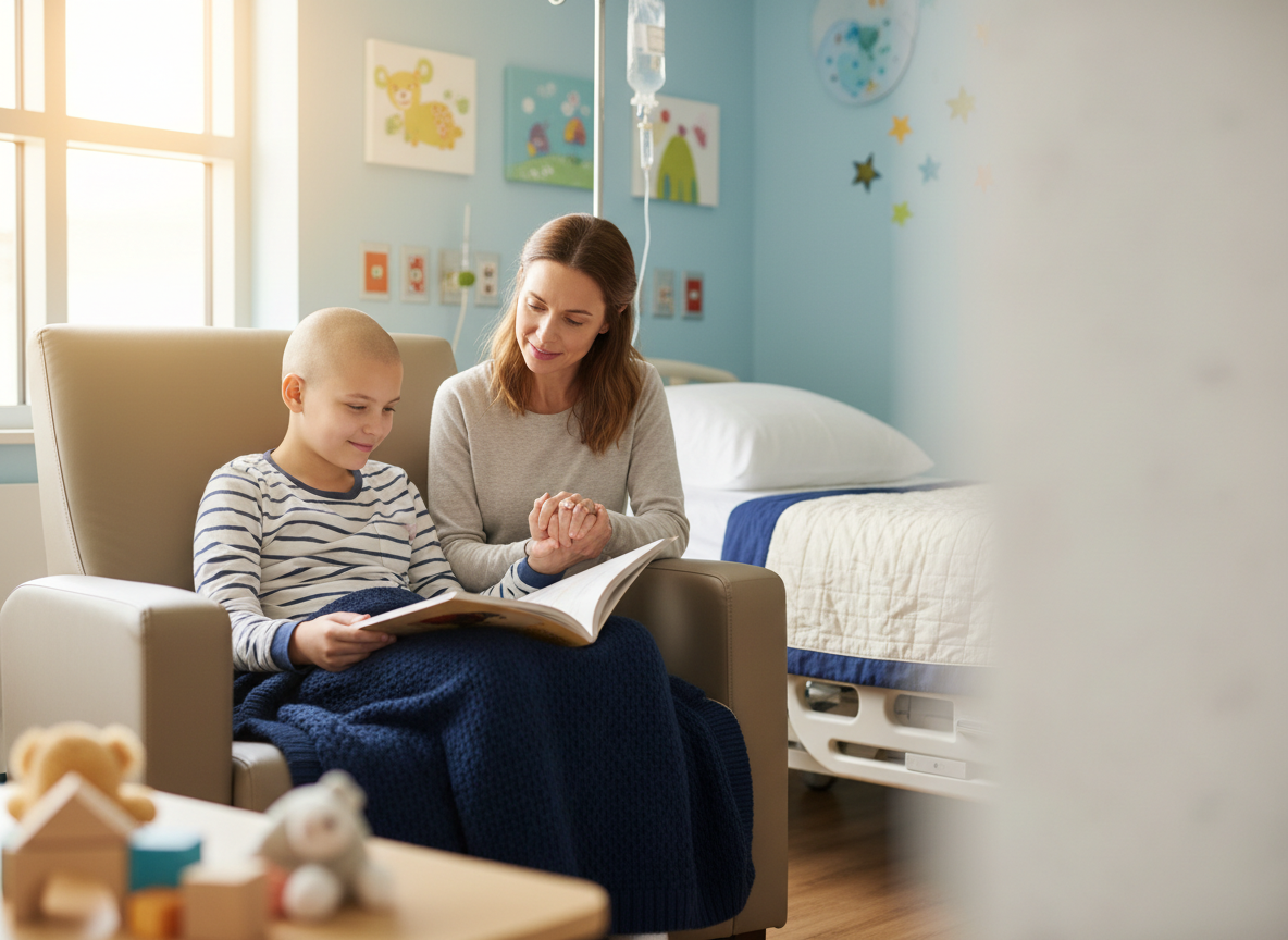 A dignified, authentic editorial feature image for a pediatric cancer support book page: a school-age child undergoing cancer treatment sits comfortably in a bright, child-friendly hospital room with a caring parent or caregiver beside them, gentle supportive interaction, subtle medical context such as an IV stand and hospital blanket, warm natural light, hopeful but emotionally honest mood, navy and soft neutral accents, no visible logos, no graphic medical details, no exaggerated sadness, realistic photographic style, tasteful composition with open space for readable overlay text.
