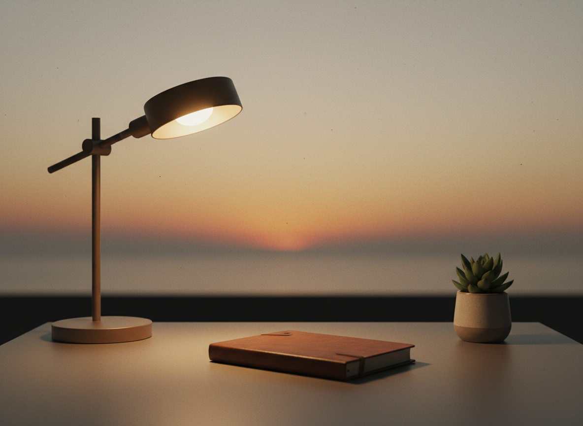 Create a refined editorial feature image for a professional mental wellness and resilience resource hub. Match the existing site's calm, sophisticated Ray-Sun Books visual style and colors exactly: restrained dark tones, warm neutral accents, clean composition, subtle paper/editorial texture, and generous negative space. Show an understated symbolic scene of a healthcare professional's desk at the end of a demanding day: a closed notebook, a softly glowing desk lamp, and a small plant or quiet horizon motif suggesting restoration and resilience. No readable text, no logos, no medical clichés, no bright colors, no people with visible faces, and no book award sticker—the existing award sticker must remain separate.