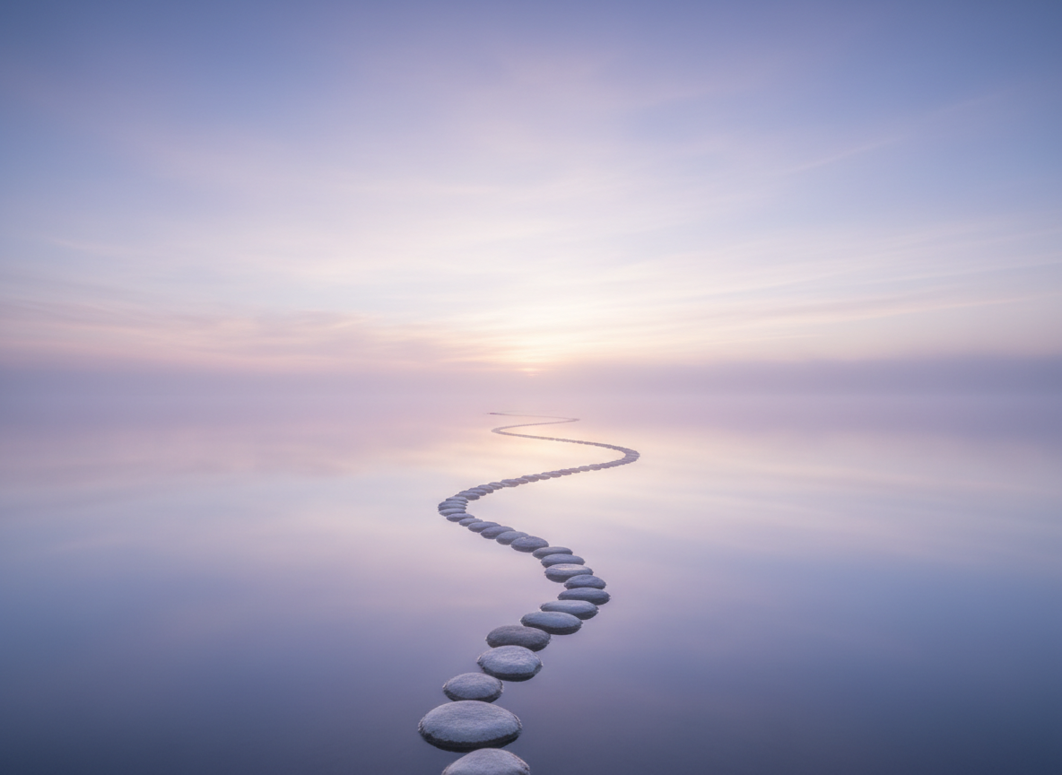 A calm, serene, trauma-informed feature image for a book page titled “Restore After Trauma: Understanding PTSD, Complex Trauma, and the Path Back to Safety.” Create an abstract peaceful landscape at dawn with soft lavender, muted blue, warm ivory light, gentle mist, still water, and a subtle pathway leading toward a quiet horizon. The mood is safe, restorative, hopeful, spacious, and contemplative. No people, no text, no typography, no logos, no medical symbols, and no dramatic cracks or explosions. Designed as a wide website feature image with ample calm negative space.