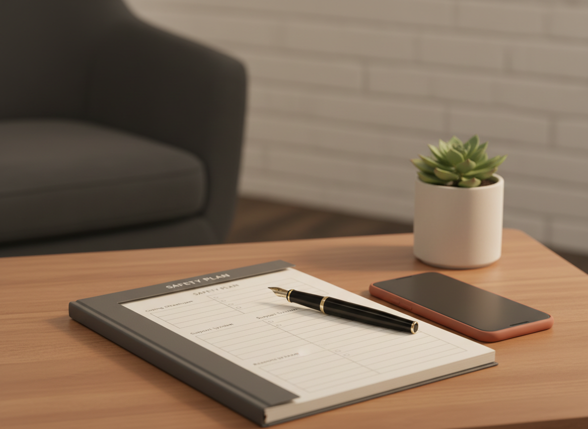 A professional, photorealistic editorial feature image for a public-health suicide prevention resource page. Show a calm, softly lit desk or counseling setting with a closed notebook containing a simple safety-plan worksheet, a pen, a phone, and a small supportive plant; subtle visual cues of care, prevention, and risk awareness without showing a person in crisis, weapons, pills, self-harm, blood, or graphic imagery. Refined charcoal, warm cream, and muted terracotta palette matching an established editorial wellness website. High-end nonprofit/public-health photography, clean composition, generous negative space, no text, no logos, no poster, no cartoon illustration.