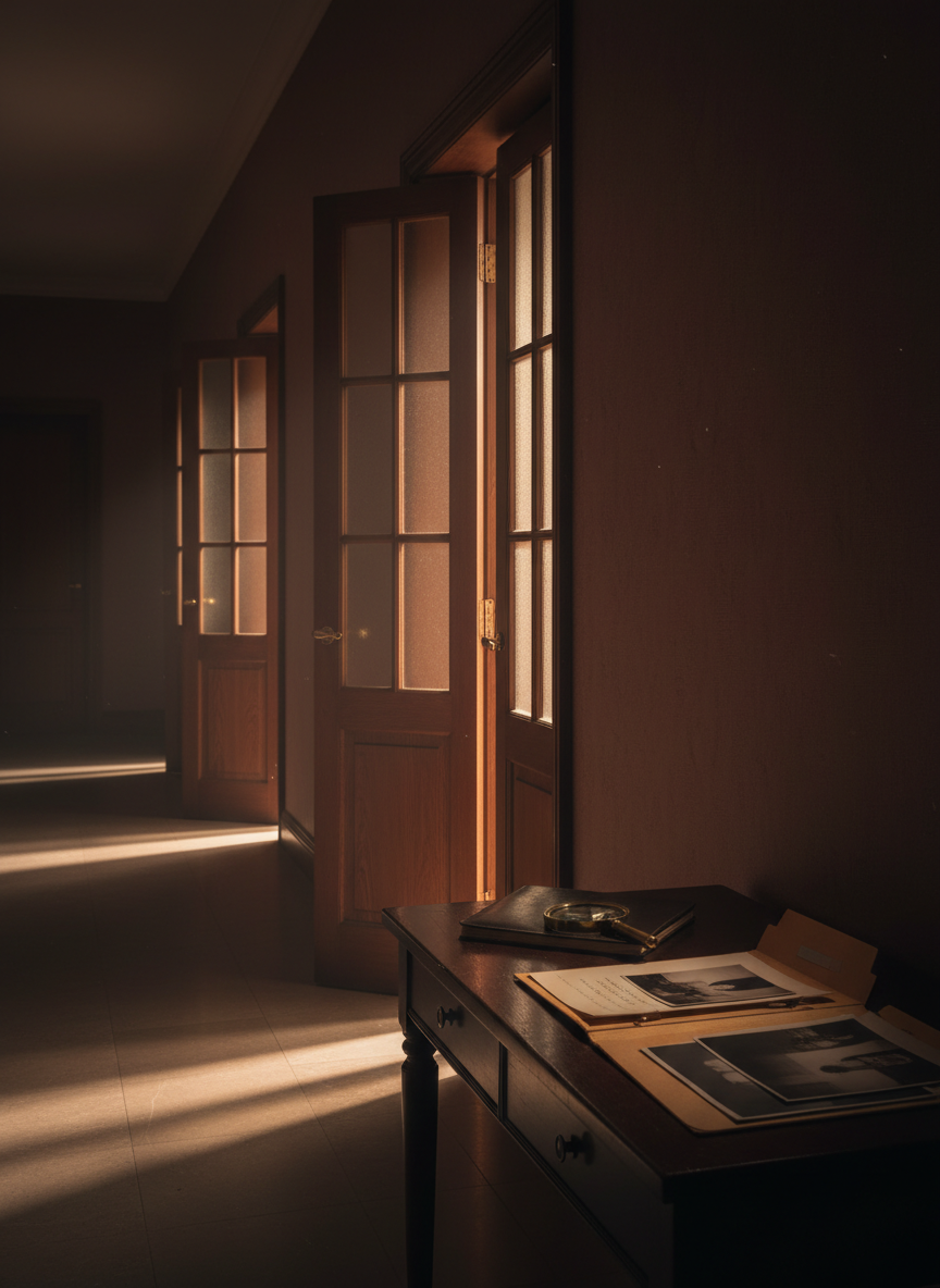 A professional, cinematic editorial feature image for the suspense thriller novel Shadows of Deceit: an elegant dimly lit interior hallway with partially open doors, dramatic but restrained shadows, subtle evidence of a detective investigation such as a notebook and evidence folder on a console table, deep charcoal, warm amber, and muted burgundy palette, photorealistic, sophisticated book-publishing aesthetic, no people, no text, no logos, no graphic violence, portrait composition.