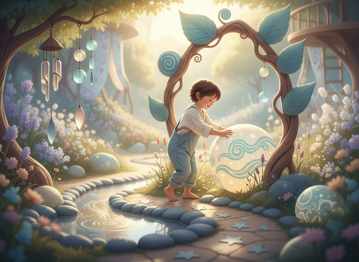A calm, serene and hopeful editorial feature image for a page about supporting neurodivergent children. Show a peaceful child-friendly scene with soft natural light, gentle pastel blues, greens, lavender and warm gold, a child exploring a quiet garden with subtle sensory-friendly details such as leaves, stars and flowing patterns. Inclusive, reassuring, emotionally safe, uplifting, sophisticated and non-clinical. No text, no words, no logos, no book cover, landscape composition suitable for a WordPress featured image.