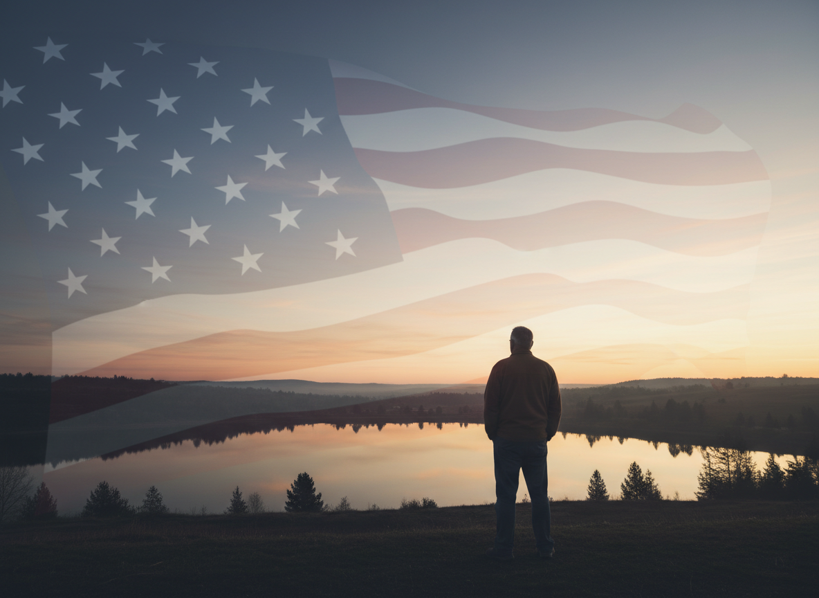 A calm, dignified editorial feature image for a veterans mental-health and suicide-prevention resource page. Show a broad quiet dawn landscape with soft navy, muted gold, and warm sunrise tones; a subtle American flag texture and a respectful veteran silhouette viewed from behind, standing toward the light. Convey hope, safety, healing, and support. No weapons, no crisis imagery, no text, no logos, no book covers, no graphic distress. Professional, compassionate, spacious composition suitable as a website featured image.