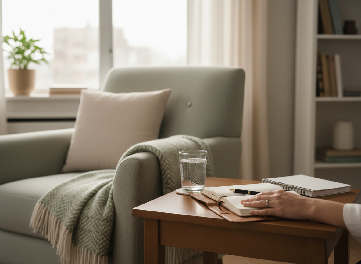 A professional, photorealistic editorial image for a substance-abuse and recovery resource page: a calm, softly lit counseling setting with a recovery journal, a glass of water, a closed notebook, and a supportive hand resting nearby. Warm morning light, restrained neutral and sage tones, public-health and nonprofit communications aesthetic, dignified and hopeful, no text, no logos, no drugs, no needles, no alcohol bottles, no graphic or cartoon elements.