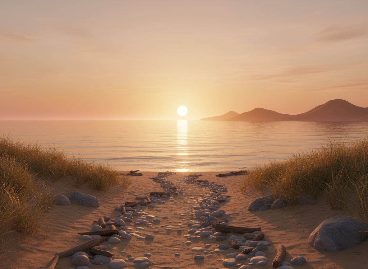 A dignified, hopeful editorial feature image for a suicide prevention resource hub: soft sunrise light over a quiet shoreline with gentle warm earth tones, a subtle path leading toward light, peaceful and supportive atmosphere, no people in distress, no text, no symbols of self-harm, suitable as a website hero image.