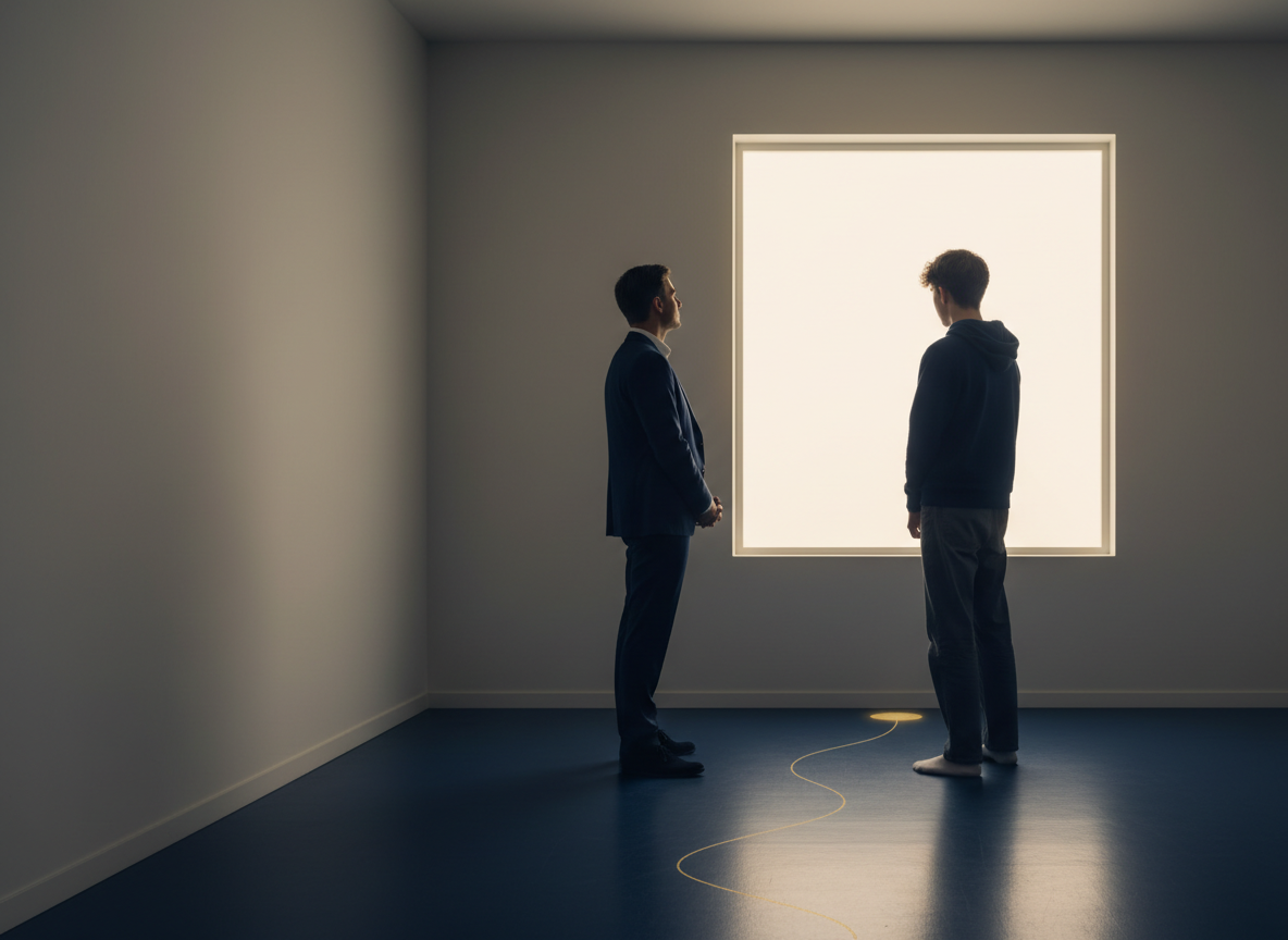 A serious, professional editorial feature image for a suicide-prevention education page about teen suicide warning signs. Use a restrained navy blue (#000080), white, and muted gold palette. Show a calm symbolic scene: a thoughtful teenager seen from behind or in silhouette near a softly lit window, with an adult mentor or supportive figure nearby at a respectful distance, suggesting connection, listening, and hope. Include subtle abstract visual cues such as a small gold pathway or light, but no text, no cartoon style, no exaggerated expressions, no depiction of self-harm, suicide, weapons, pills, or crisis in progress. Clean nonprofit/public-health design, dignified, compassionate, modern, realistic editorial photography or refined photographic illustration, strong negative space for a title overlay, landscape orientation.