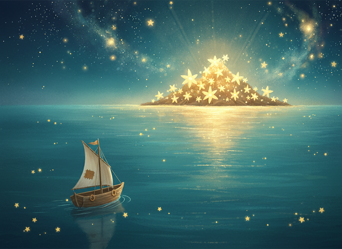 A dreamy, whimsical children's book illustration of a small wooden sailboat gliding across a calm starlit sea toward a distant glowing island covered in luminous star-shaped flowers. Soft warm golden and teal tones, magical glowing stars reflecting on the water, gentle painterly storybook style, inviting and hopeful mood, suitable for young readers. No text.