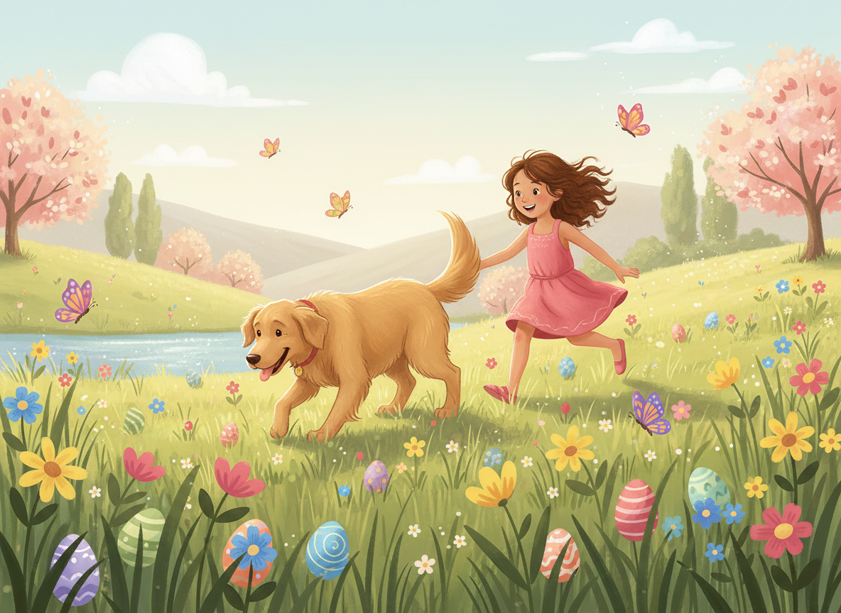 A warm, whimsical children's book illustration for an Easter springtime adventure. A cheerful young girl named Layla with a friendly dog companion named Macho exploring a sunny meadow filled with colorful flowers, decorated Easter eggs hidden in the grass, and butterflies. Soft pastel palette with warm earthy tones, hand-painted storybook style, gentle lighting, inviting and joyful mood. No text.