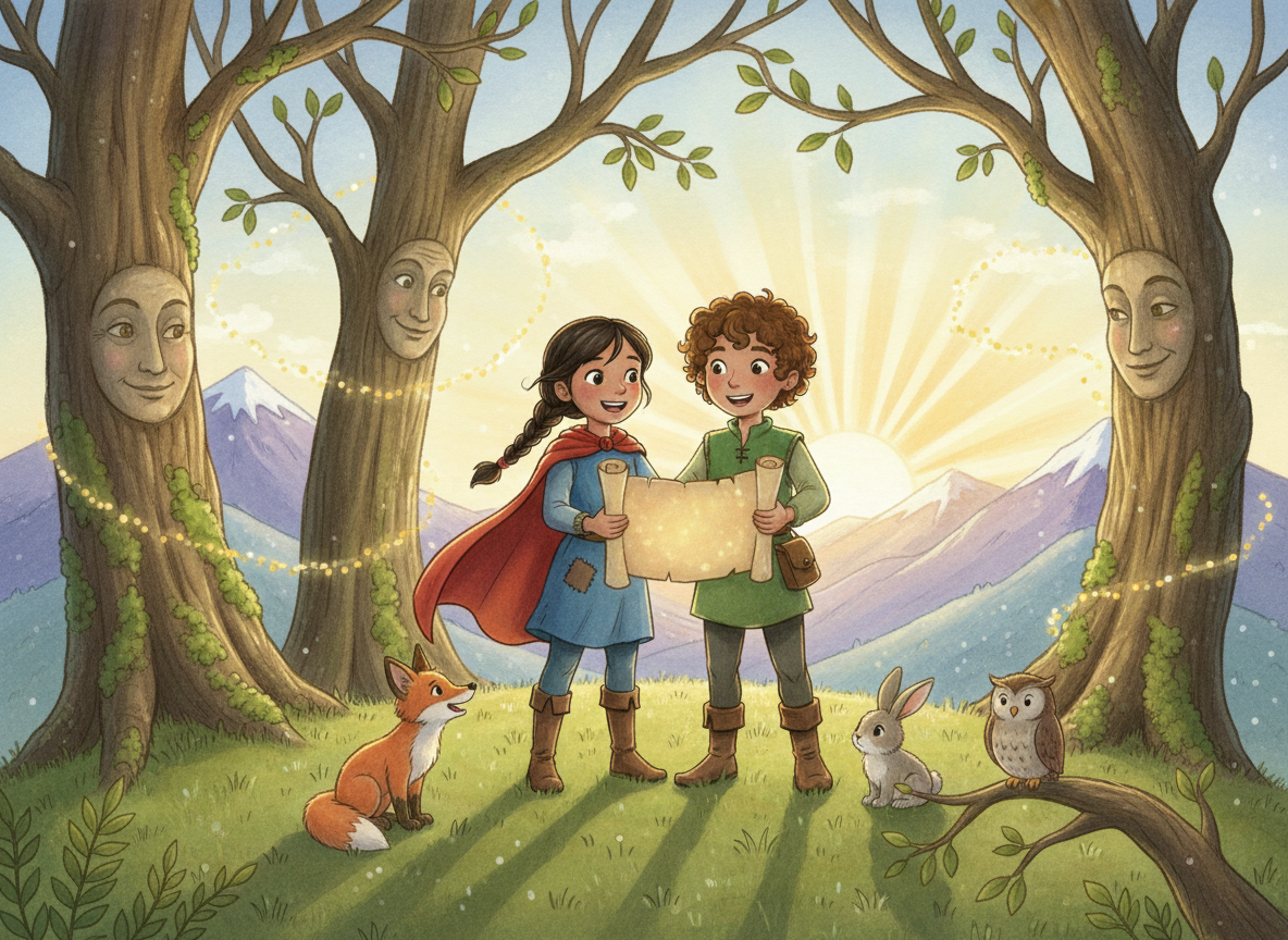 A whimsical, richly illustrated children's storybook cover-style scene for “The Map of Whispers”: Layla and Macho, two joyful child adventurers, standing together on an enchanted hilltop holding a softly glowing treasure map, with friendly woodland animals, whispering trees, floating golden lights, distant mountains, and a warm magical sunrise. Hand-painted picture-book style, adventurous and gentle, colorful but polished, no text, no lettering, no logos.