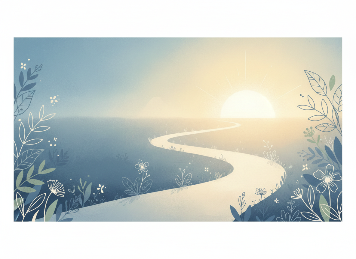 A serene, hopeful editorial illustration for a mental health support resource hub: a softly lit path moving from gentle shadow into warm sunrise light, subtle botanical shapes, calm blue, sage, and warm cream tones, spacious composition with no text, no people in crisis, no medical instruments, compassionate and non-stigmatizing, suitable as a website feature image.