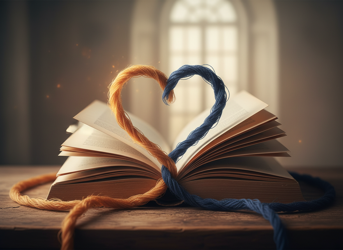 A sophisticated literary fiction feature image for the novel “Threads of the Heart.” Evoke resilience, redemption, and enduring love through an atmospheric composition: two subtly intertwined threads forming a heart motif around an open book, warm amber and deep navy tones, soft cinematic light, elegant and emotionally resonant, premium book-cover-inspired editorial design, no readable text, no logos, no watermark.