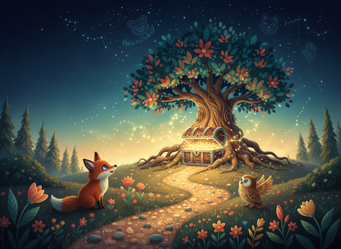 A warm, magical children's book feature image for “The Treasure Beyond Dreams”: an inviting storybook landscape at golden-hour twilight, a winding path leading toward a softly glowing treasure chest beneath a dreamy star-filled sky, gentle woodland details, hints of wonder and friendship, rich teal, midnight blue, gold, and coral accents, painterly illustrated style, cinematic wide composition with generous darker space for readable title text, no words, no letters, no logos.