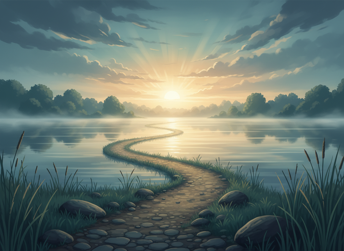 A serene, compassionate editorial illustration for a trauma and recovery resource page: a quiet misty lake at dawn with a gentle path leading toward warm morning light, soft blue and sage tones, subtle feeling of safety, healing, hope, and renewal, no people, no text, no logos, wide landscape composition suitable as a website feature image.