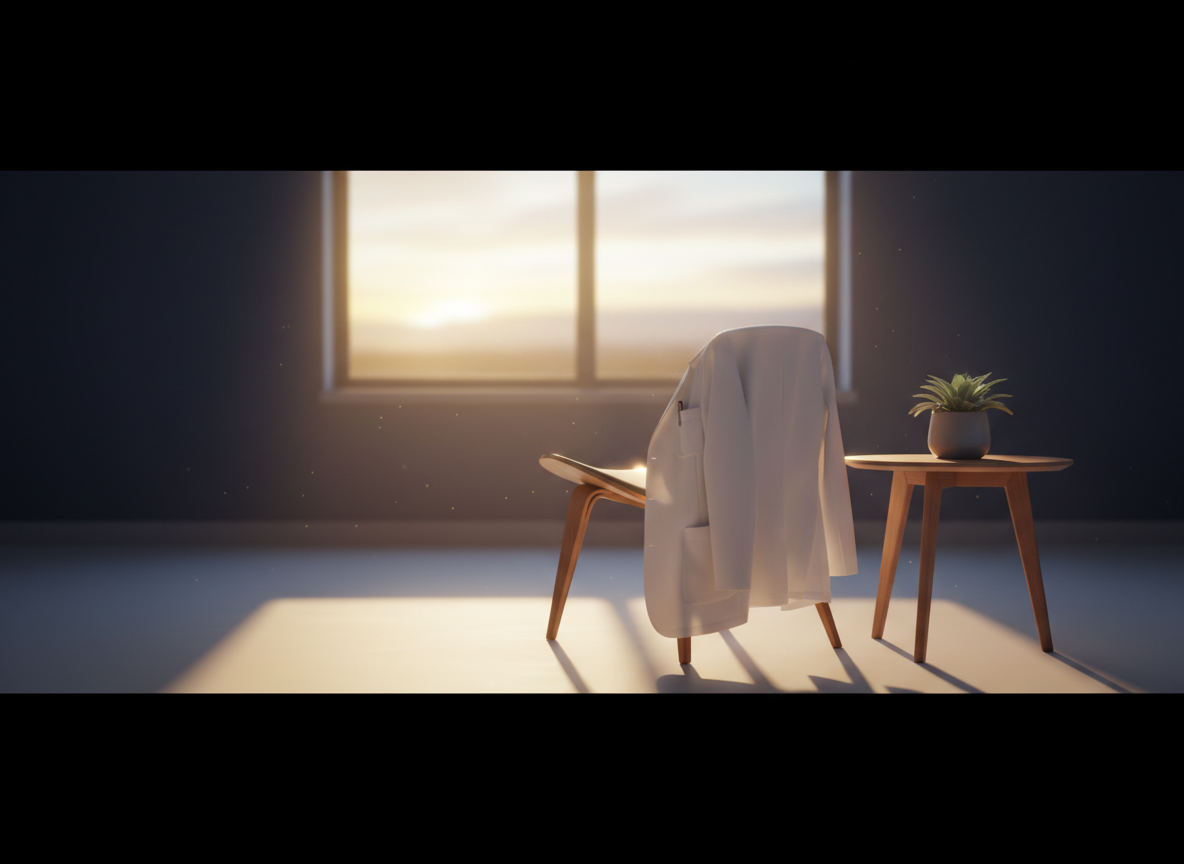 A compassionate, dignified editorial feature image for a resource page about mental wellness, suicide prevention, and support for medical professionals. Show a calm healthcare setting with a white coat gently draped over a chair beside a warm pool of morning light, a small green plant, and subtle symbols of hope such as a softly glowing horizon. No people, no text, no logos, no medical gore, no syringes. Professional, hopeful, quiet, cinematic realism with navy, white, sage green, and warm gold accents. Designed as a wide website feature image.